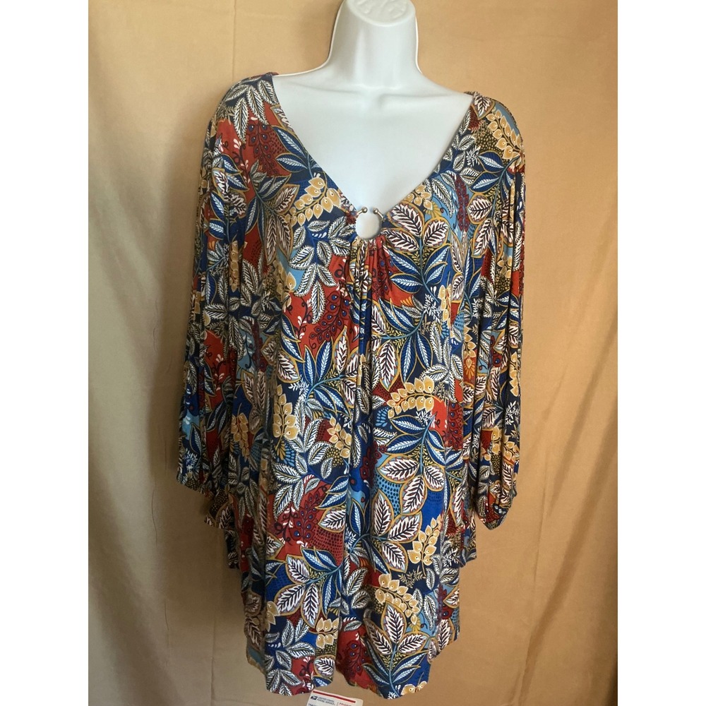 Ruby Rd Blouse Women 2X Multicolor Excellent Leaf Print Ring V-Neck Tunic Top